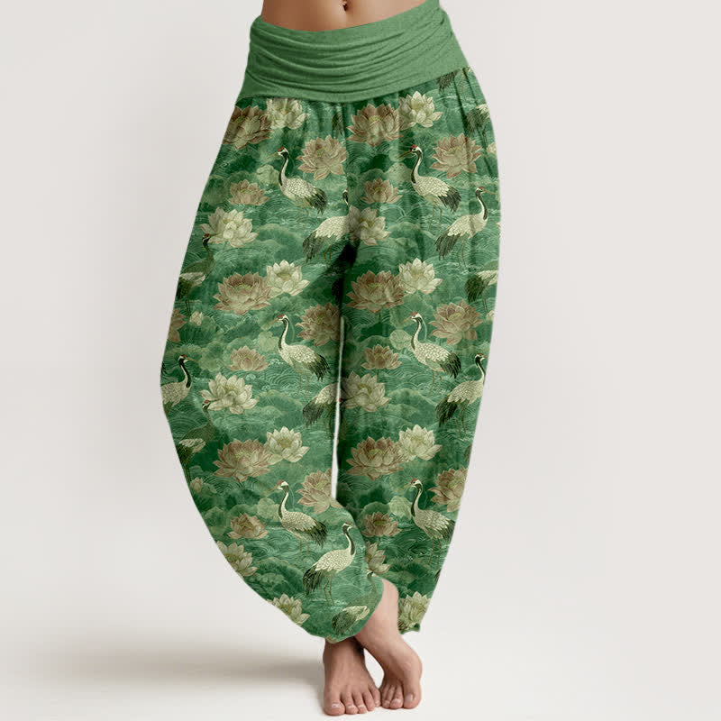 Buddha Stones Baumwoll-Haremshose mit Lotus-Kranich-Muster und elastischem Bund für Damen - Mittelseegrün - US16, UK/AU20, EU48 (3XL) - image 8