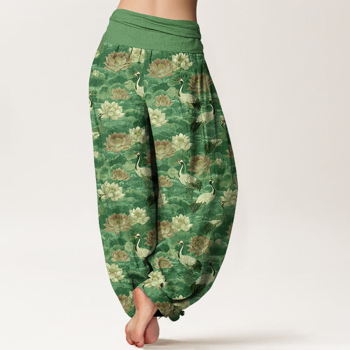 Buddha Stones Baumwoll-Haremshose mit Lotus-Kranich-Muster und elastischem Bund für Damen - image 10