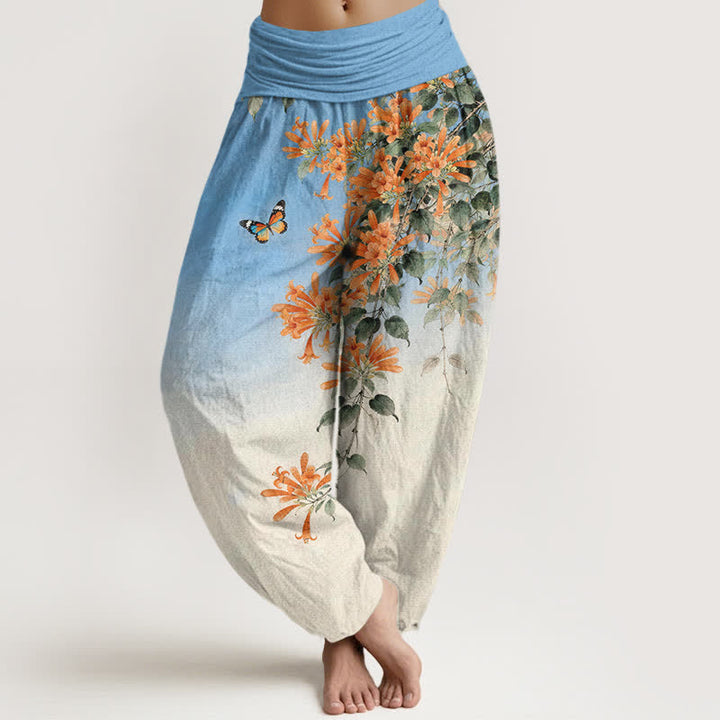 Buddha Stones Baumwoll-Haremshose mit orangefarbenem Blumen- und Schmetterlingsmuster, elastischer Bund, Damen - Tiefblau - US16, UK/AU20, EU48 (3XL) - image 0