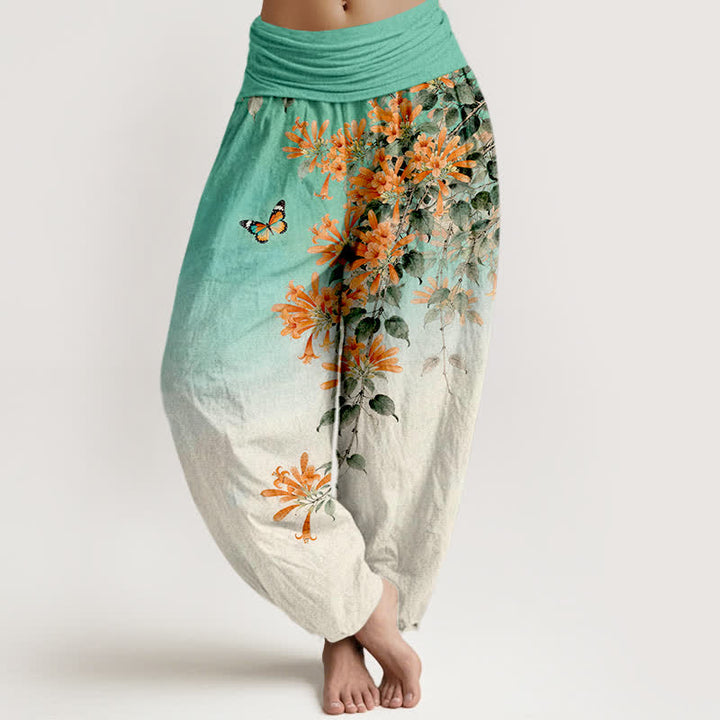 Buddha Stones Baumwoll-Haremshose mit orangefarbenem Blumen- und Schmetterlingsmuster, elastischer Bund, Damen - Türkis - US16, UK/AU20, EU48 (3XL) - image 5