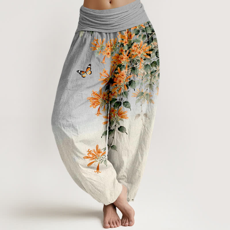 Buddha Stones Baumwoll-Haremshose mit orangefarbenem Blumen- und Schmetterlingsmuster, elastischer Bund, Damen - Hellgrau - US16, UK/AU20, EU48 (3XL) - image 8