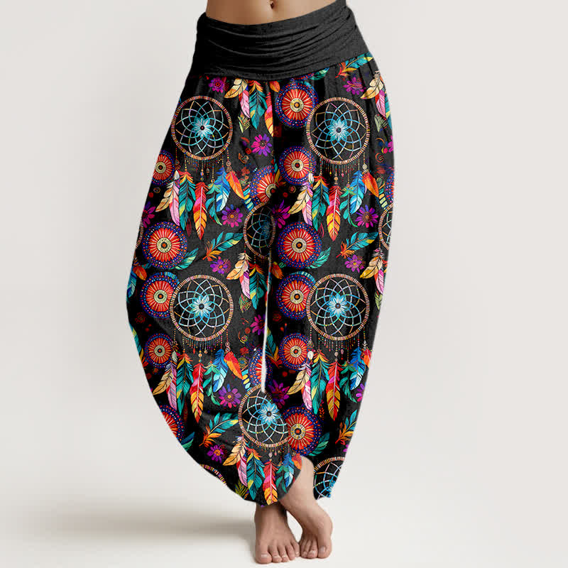 Buddha Stones Baumwoll-Haremshose mit Traumfänger-Federmuster und elastischem Bund für Damen - Schwarz - US16, UK/AU20, EU48 (3XL) - image 0