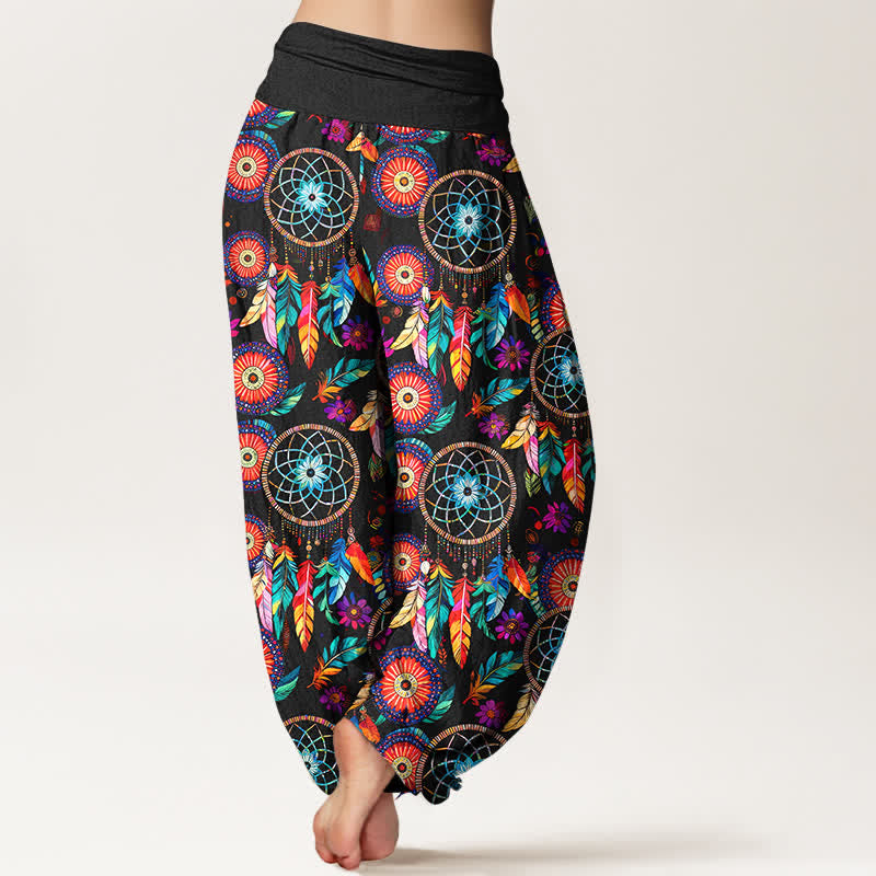 Buddha Stones Baumwoll-Haremshose mit Traumfänger-Federmuster und elastischem Bund für Damen - image 2