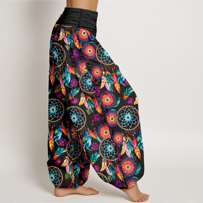 Buddha Stones Baumwoll-Haremshose mit Traumfänger-Federmuster und elastischem Bund für Damen - image 1