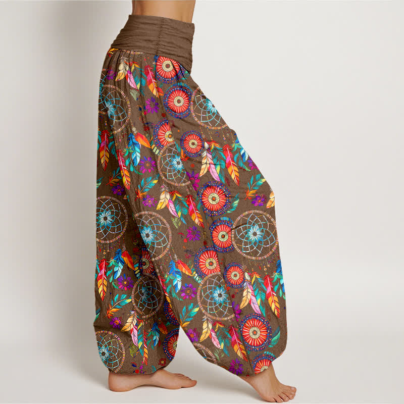 Buddha Stones Baumwoll-Haremshose mit Traumfänger-Federmuster und elastischem Bund für Damen - image 9