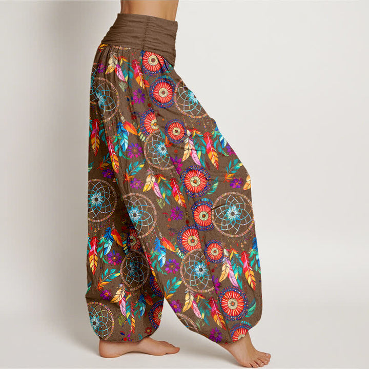 Buddha Stones Baumwoll-Haremshose mit Traumfänger-Federmuster und elastischem Bund für Damen - image 9