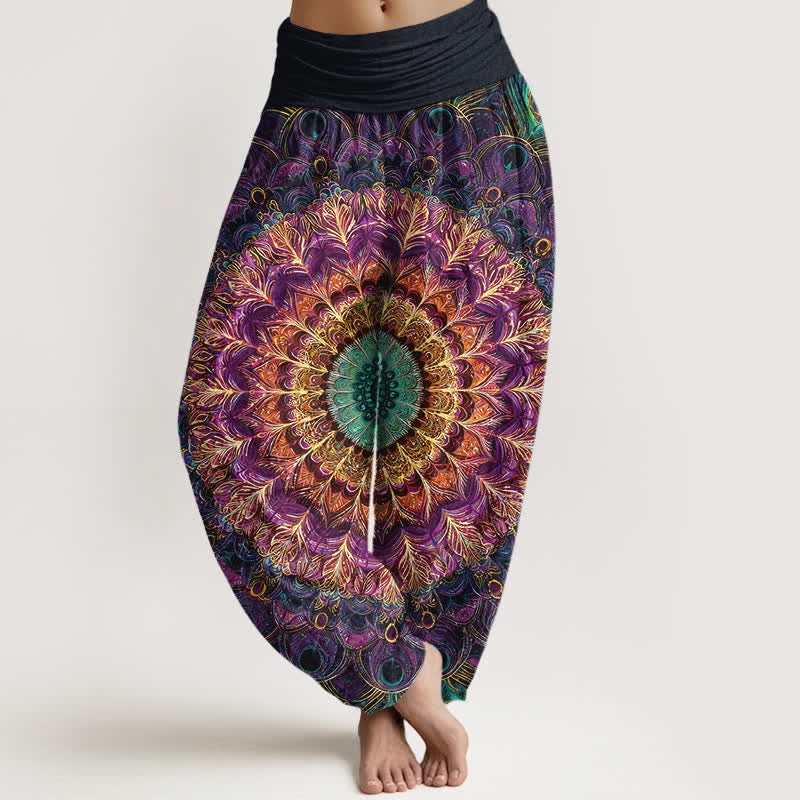 Buddha Stones Damen-Haremshose aus reiner Baumwolle mit Mandala-Federmuster und elastischem Bund - Lila - US16, UK/AU20, EU48 (3XL) - image 0