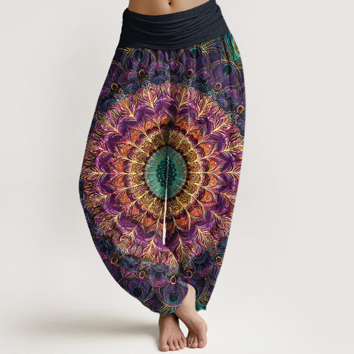 Buddha Stones Damen-Haremshose aus reiner Baumwolle mit Mandala-Federmuster und elastischem Bund - Lila - US16, UK/AU20, EU48 (3XL) - image 0