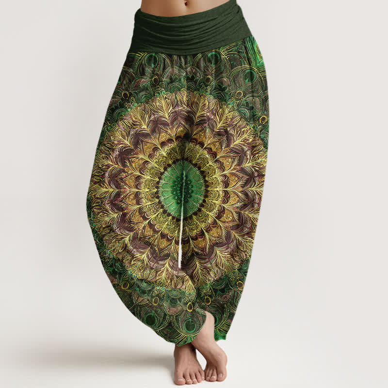 Buddha Stones Damen-Haremshose aus reiner Baumwolle mit Mandala-Federmuster und elastischem Bund - Dunkelolivgrün - US16, UK/AU20, EU48 (3XL) - image 8