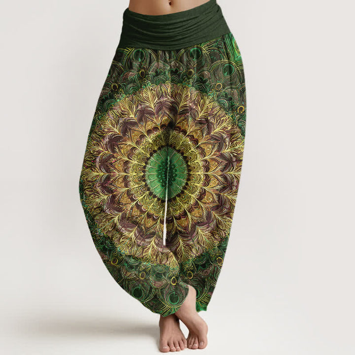 Buddha Stones Damen-Haremshose aus reiner Baumwolle mit Mandala-Federmuster und elastischem Bund - Dunkelolivgrün - US16, UK/AU20, EU48 (3XL) - image 8