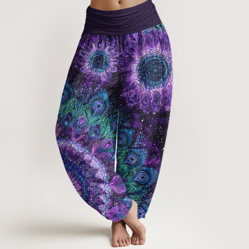 Buddha Stones Haremshose aus Baumwolle mit Pfauenfedermuster und elastischem Bund für Damen - Blauviolett - US16, UK/AU20, EU48 (3XL) - image 0