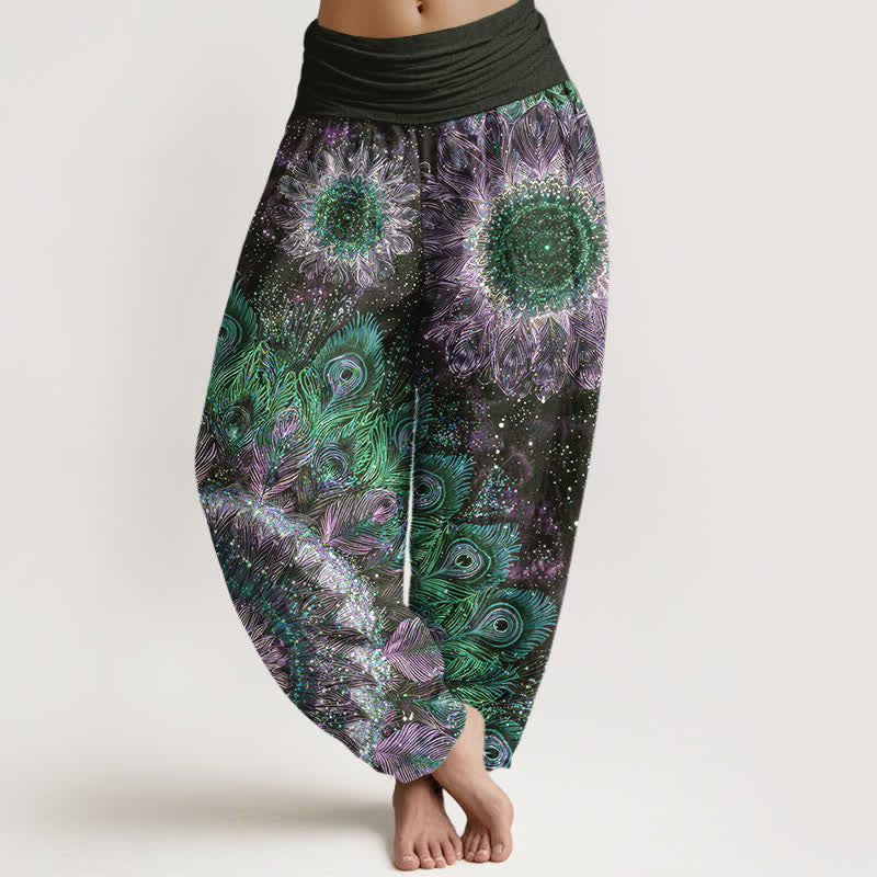 Buddha Stones Haremshose aus Baumwolle mit Pfauenfedermuster und elastischem Bund für Damen - Schwarz - US16, UK/AU20, EU48 (3XL) - image 5