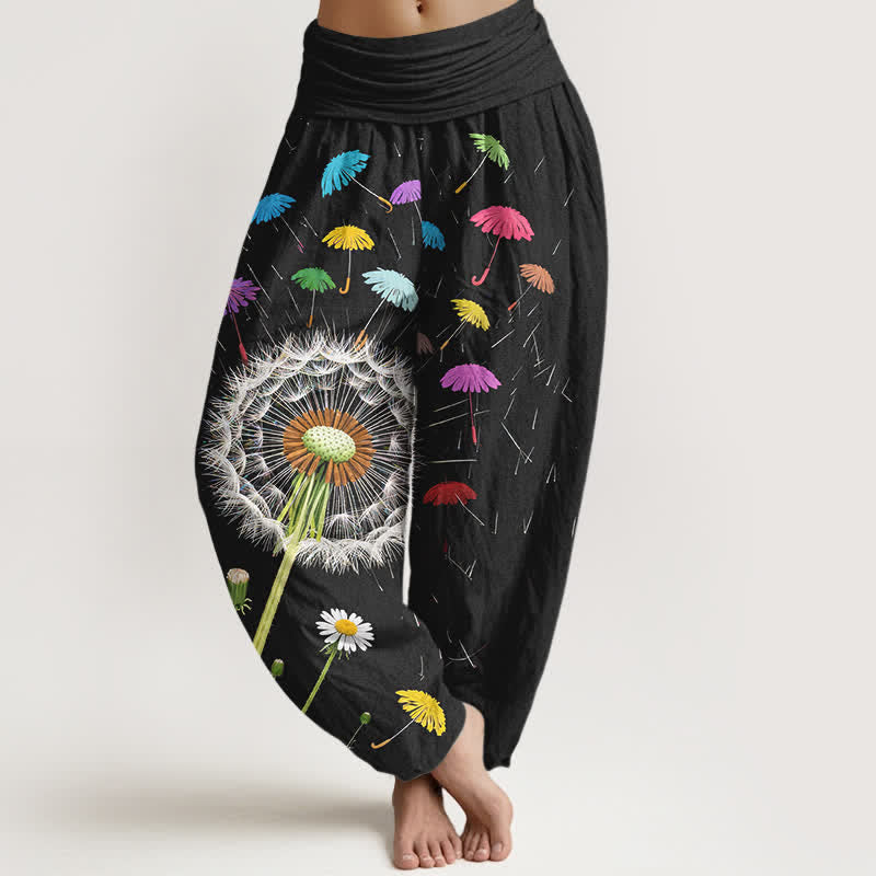 Buddha Stones Damen-Haremshose aus reiner Baumwolle mit Löwenzahnblütenmuster und elastischem Bund - Schwarz - US16, UK/AU20, EU48 (3XL) - image 0