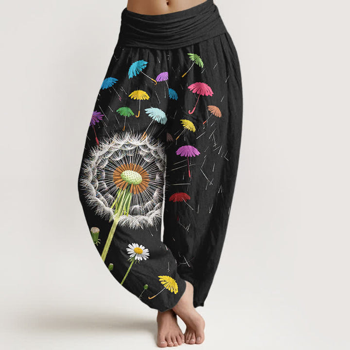 Buddha Stones Damen-Haremshose aus reiner Baumwolle mit Löwenzahnblütenmuster und elastischem Bund - Schwarz - US16, UK/AU20, EU48 (3XL) - image 0