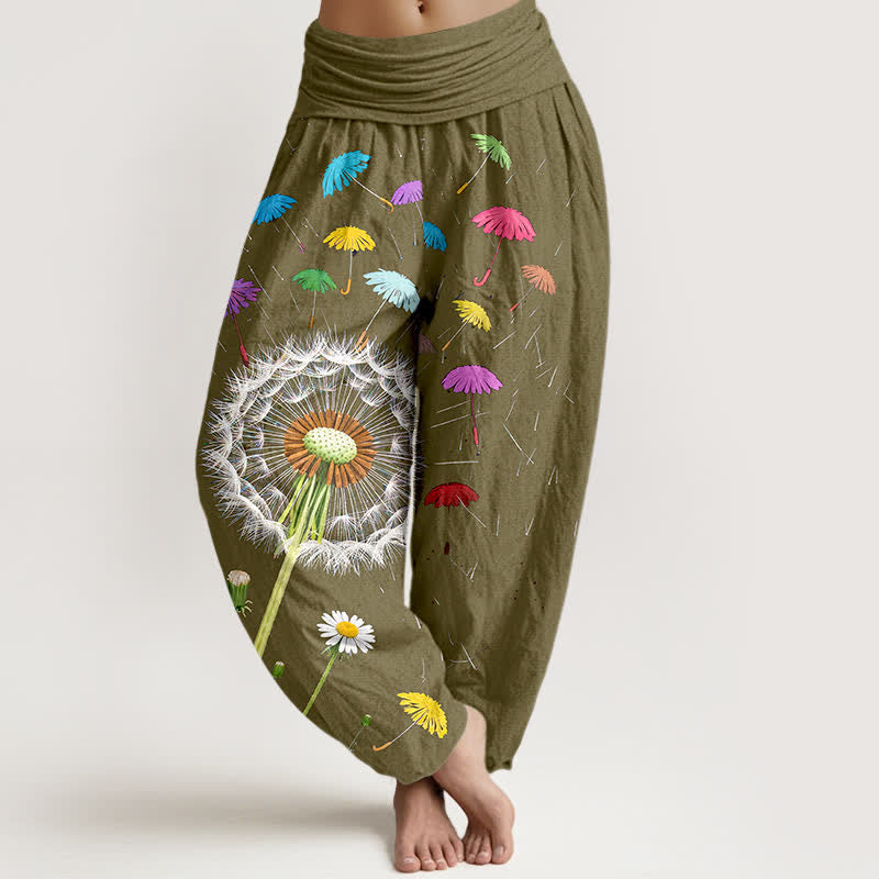Buddha Stones Damen-Haremshose aus reiner Baumwolle mit Löwenzahnblütenmuster und elastischem Bund - Dunkelkhaki - US16, UK/AU20, EU48 (3XL) - image 8