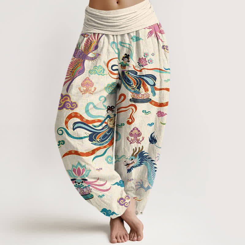 Buddha Stones Baumwoll-Haremshose mit Drachen-, Phönix- und Lotusmuster für Damen mit elastischem Bund - Elfenbein - US16, UK/AU20, EU48 (3XL) - image 0