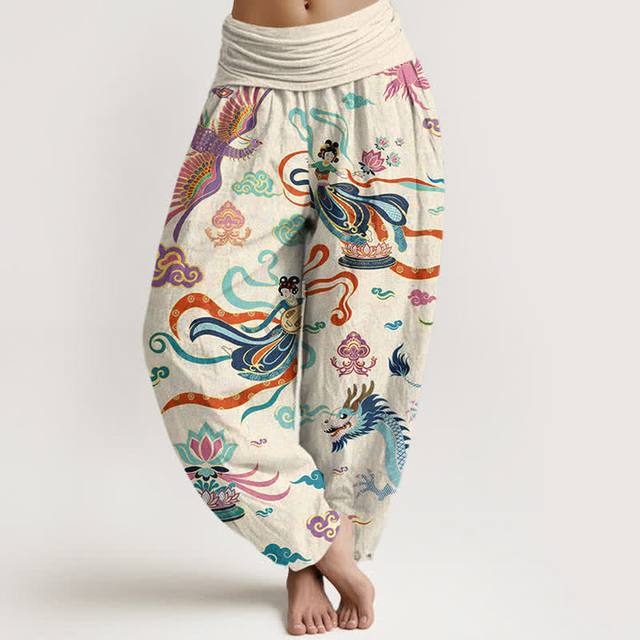 Buddha Stones Baumwoll-Haremshose mit Drachen-, Phönix- und Lotusmuster für Damen mit elastischem Bund - Elfenbein - US16, UK/AU20, EU48 (3XL) - image 0