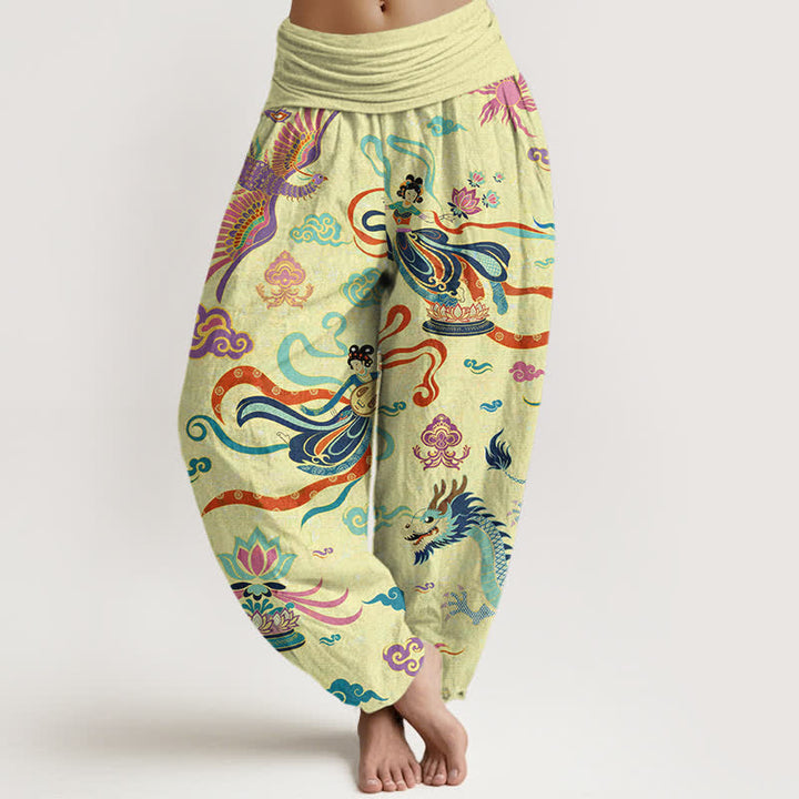 Buddha Stones Baumwoll-Haremshose mit Drachen-, Phönix- und Lotusmuster für Damen mit elastischem Bund - Zitronen-Chiffon - US16, UK/AU20, EU48 (3XL) - image 5