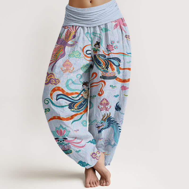 Buddha Stones Baumwoll-Haremshose mit Drachen-, Phönix- und Lotusmuster für Damen mit elastischem Bund - Hellblau - US16, UK/AU20, EU48 (3XL) - image 8