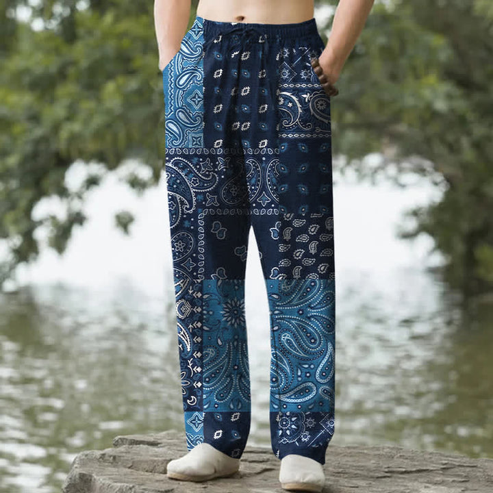 Buddha Stones Herrenhose mit schmal zulaufendem Bein und Taschen, Baumwoll-Paisley-Muster - Marine - US/ UK/AU50, EU60 (5XL) - image 0