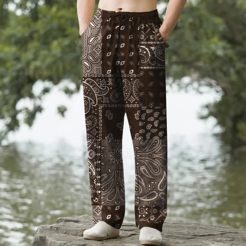Buddha Stones Herrenhose mit schmal zulaufendem Bein und Taschen, Baumwoll-Paisley-Muster - Sattelbraun - US/ UK/AU50, EU60 (5XL) - image 4
