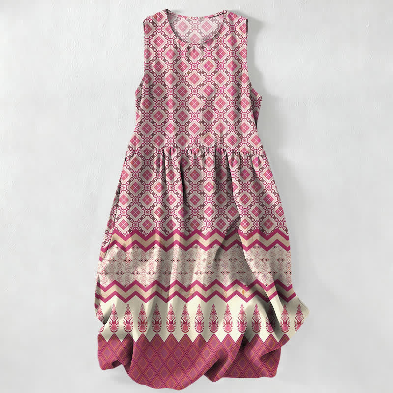 Buddha Stones Sommerliches, lässiges, ärmelloses Midikleid für Damen mit geometrischem Blumenmuster im Boho-Stil und Taschen - Rosa - US16, UK/AU20, EU48 (3XL) - image 0