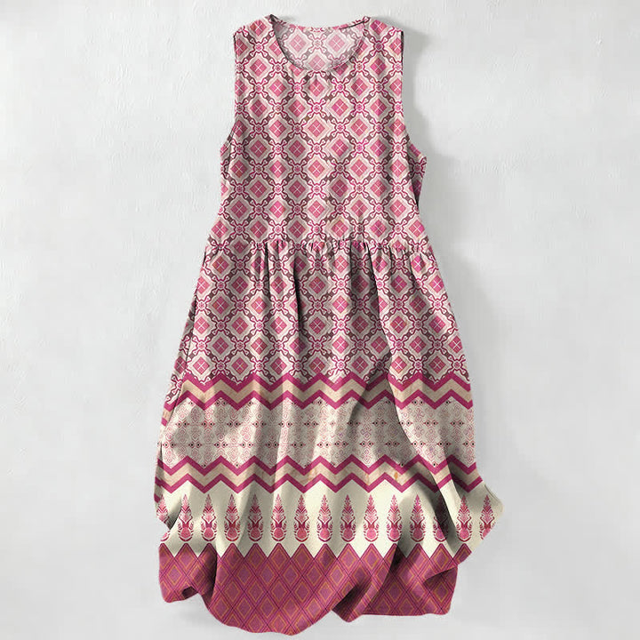 Buddha Stones Sommerliches, lässiges, ärmelloses Midikleid für Damen mit geometrischem Blumenmuster im Boho-Stil und Taschen - Rosa - US16, UK/AU20, EU48 (3XL) - image 0