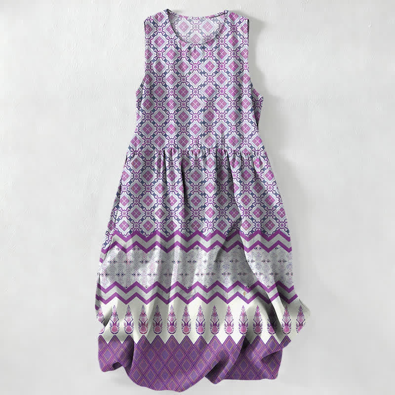 Buddha Stones Sommerliches, lässiges, ärmelloses Midikleid für Damen mit geometrischem Blumenmuster im Boho-Stil und Taschen - Orchidee - US16, UK/AU20, EU48 (3XL) - image 4
