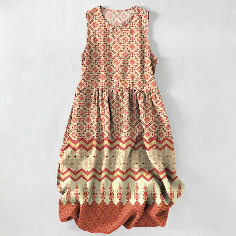 Buddha Stones Sommerliches, lässiges, ärmelloses Midikleid für Damen mit geometrischem Blumenmuster im Boho-Stil und Taschen - Orange - US16, UK/AU20, EU48 (3XL) - image 5