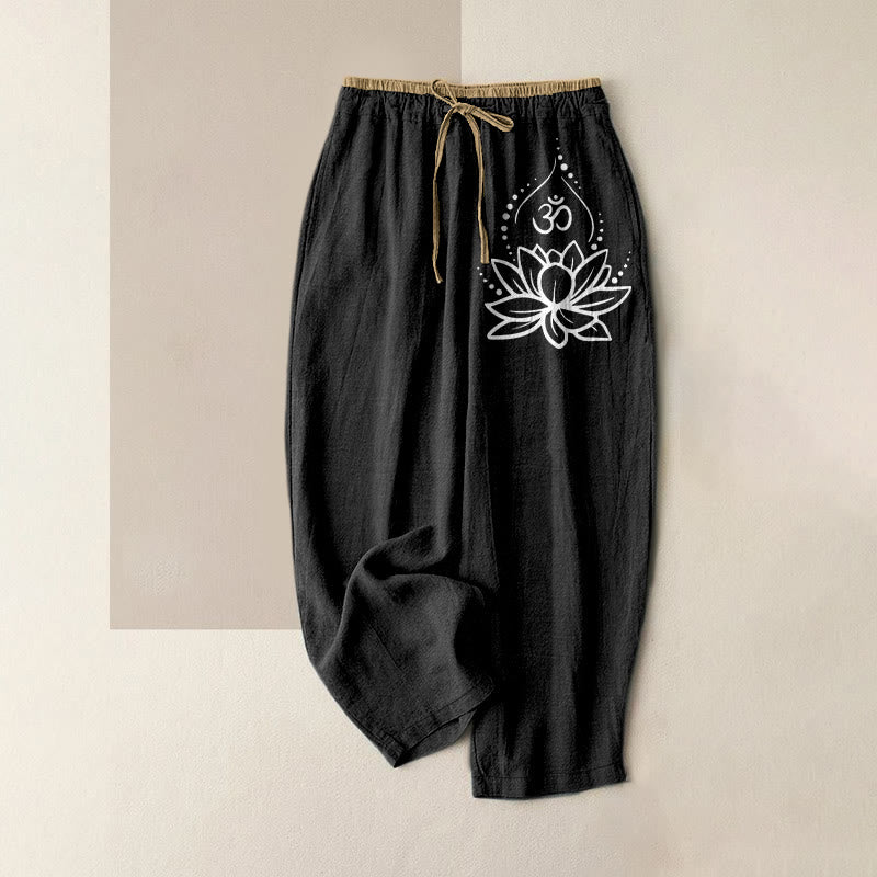 Buddha Stones Damenhose aus reiner Baumwolle mit Lotus-OM-Muster, elastischem Bund und Taschen - Schwarz - US16, UK/AU20, EU48 (3XL) - image 0