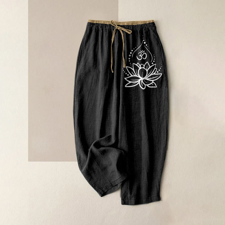 Buddha Stones Damenhose aus reiner Baumwolle mit Lotus-OM-Muster, elastischem Bund und Taschen - Schwarz - US16, UK/AU20, EU48 (3XL) - image 0