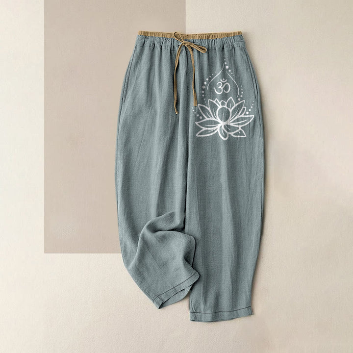 Buddha Stones Damenhose aus reiner Baumwolle mit Lotus-OM-Muster, elastischem Bund und Taschen - Kadettenblau - US16, UK/AU20, EU48 (3XL) - image 4