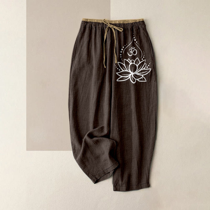 Buddha Stones Damenhose aus reiner Baumwolle mit Lotus-OM-Muster, elastischem Bund und Taschen - Sattelbraun - US16, UK/AU20, EU48 (3XL) - image 5