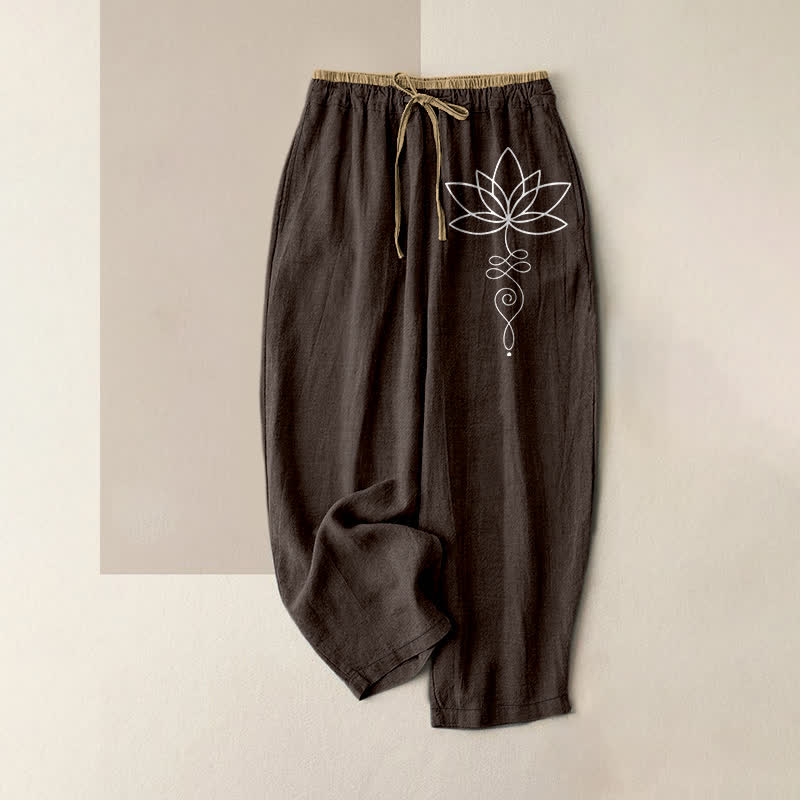 Buddha Stones Damenhose aus reiner Baumwolle mit Zen-Lotusmuster, elastischem Bund und Taschen - Sattelbraun - US16, UK/AU20, EU48 (3XL) - image 0