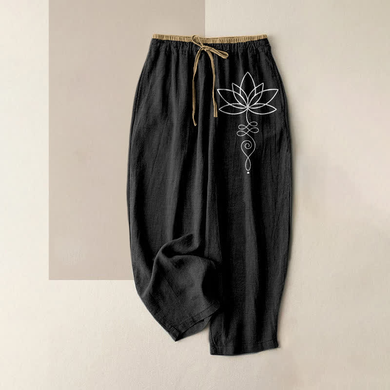 Buddha Stones Damenhose aus reiner Baumwolle mit Zen-Lotusmuster, elastischem Bund und Taschen - Schwarz - US16, UK/AU20, EU48 (3XL) - image 4