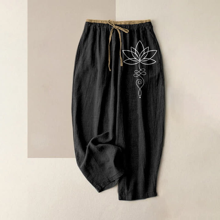 Buddha Stones Damenhose aus reiner Baumwolle mit Zen-Lotusmuster, elastischem Bund und Taschen - Schwarz - US16, UK/AU20, EU48 (3XL) - image 4