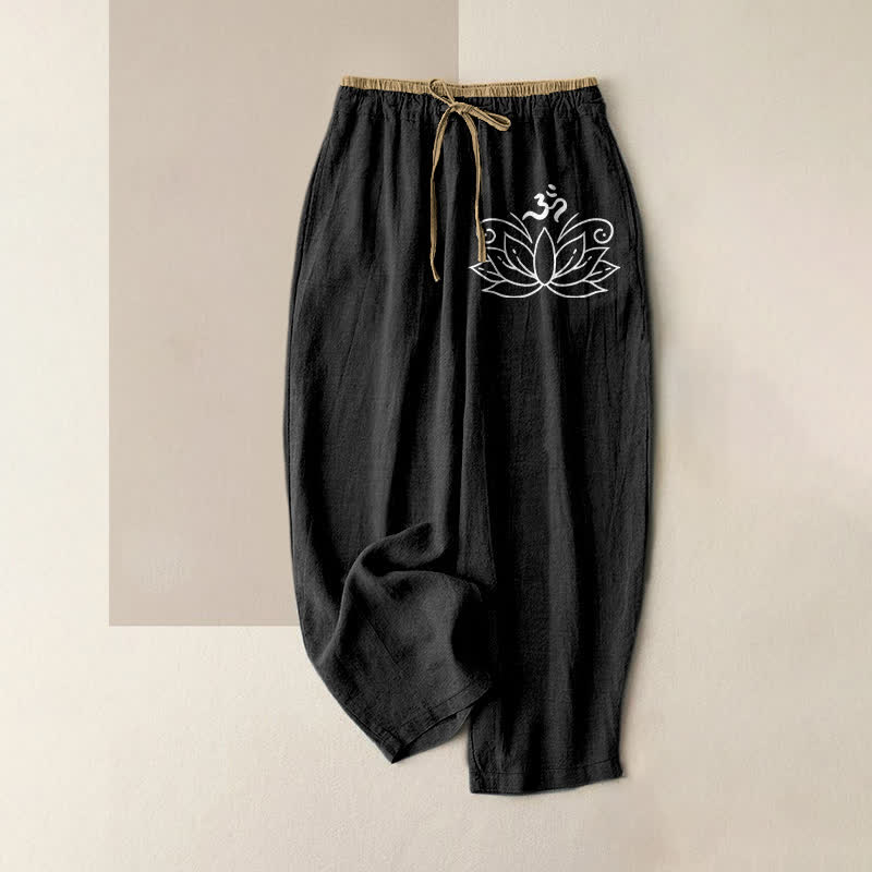 Buddha Stones Damenhose aus reiner Baumwolle mit Lotusmuster, elastischem Bund und Taschen - Schwarz - US16, UK/AU20, EU48 (3XL) - image 0