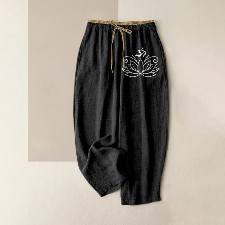 Buddha Stones Damenhose aus reiner Baumwolle mit Lotusmuster, elastischem Bund und Taschen - Schwarz - US16, UK/AU20, EU48 (3XL) - image 0