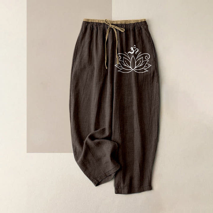 Buddha Stones Damenhose aus reiner Baumwolle mit Lotusmuster, elastischem Bund und Taschen - Sattelbraun - US16, UK/AU20, EU48 (3XL) - image 5