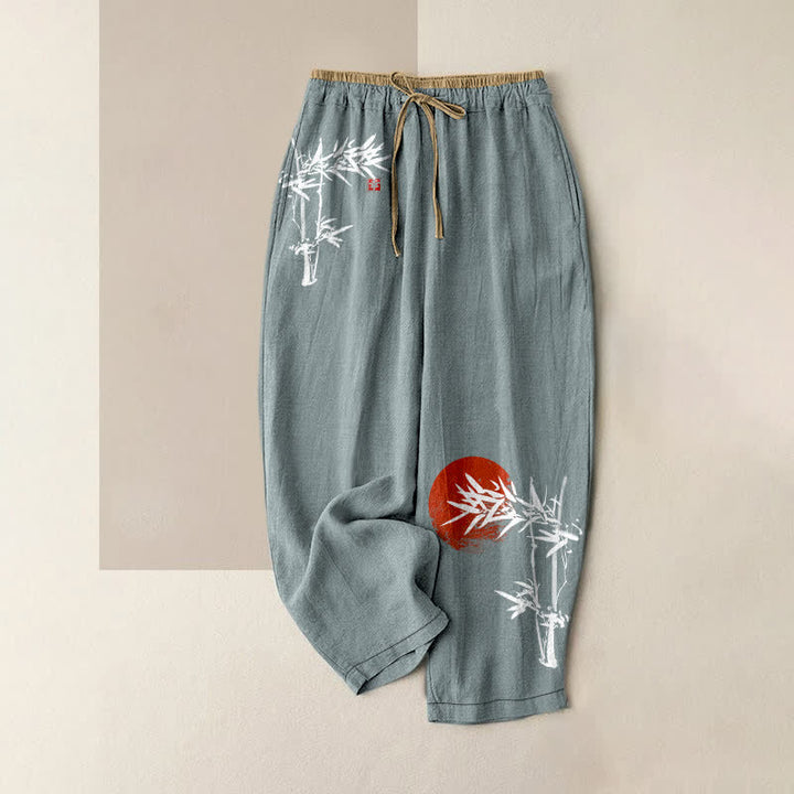 Buddha Stones Damenhose aus reiner Baumwolle mit rotem Sonnenmuster, elastischem Bund und Taschen, bedruckt mit Bambustinte. - Kadettenblau - US16, UK/AU20, EU48 (3XL) - image 0