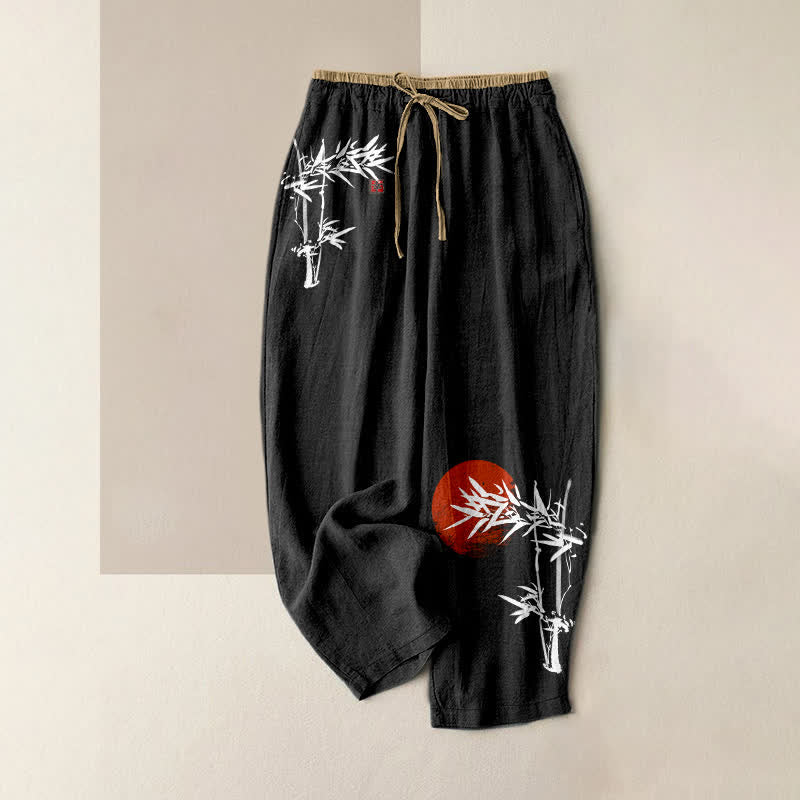 Buddha Stones Damenhose aus reiner Baumwolle mit rotem Sonnenmuster, elastischem Bund und Taschen, bedruckt mit Bambustinte. - Schwarz - US16, UK/AU20, EU48 (3XL) - image 4