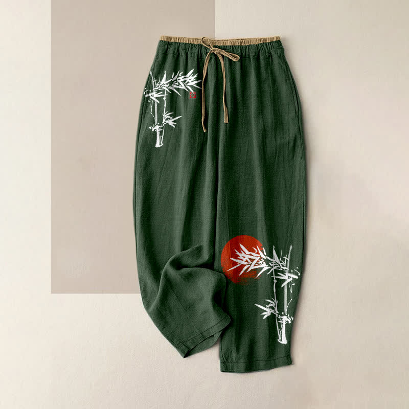 Buddha Stones Damenhose aus reiner Baumwolle mit rotem Sonnenmuster, elastischem Bund und Taschen, bedruckt mit Bambustinte. - Waldgrün - US16, UK/AU20, EU48 (3XL) - image 6