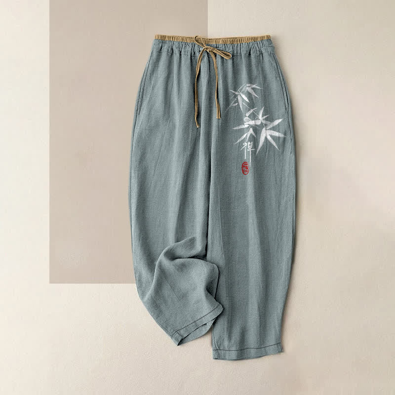 Buddha Stones Damenhose aus reiner Baumwolle mit Zen-Weiß-Bambusmuster, elastischem Bund und Taschen - Kadettenblau - US16, UK/AU20, EU48 (3XL) - image 0