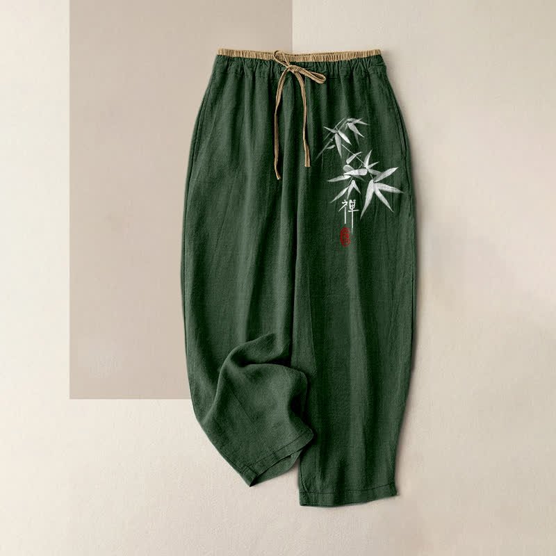 Buddha Stones Damenhose aus reiner Baumwolle mit Zen-Weiß-Bambusmuster, elastischem Bund und Taschen - Waldgrün - US16, UK/AU20, EU48 (3XL) - image 4