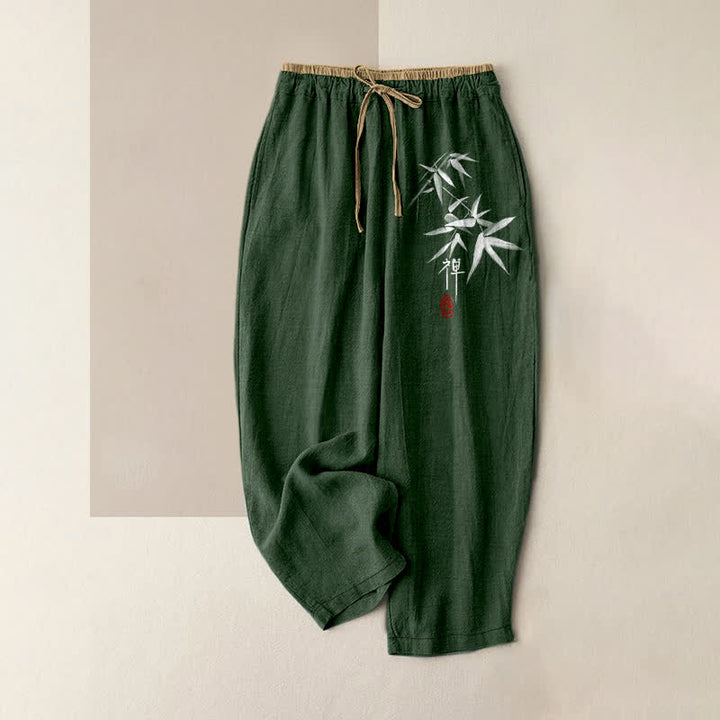 Buddha Stones Damenhose aus reiner Baumwolle mit Zen-Weiß-Bambusmuster, elastischem Bund und Taschen - Waldgrün - US16, UK/AU20, EU48 (3XL) - image 4