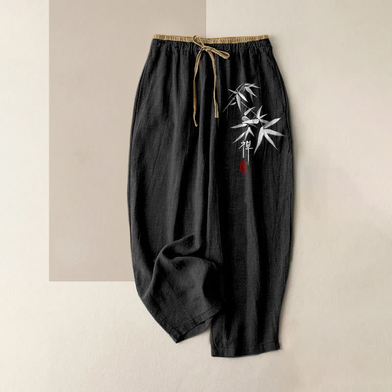 Buddha Stones Damenhose aus reiner Baumwolle mit Zen-Weiß-Bambusmuster, elastischem Bund und Taschen - Schwarz - US16, UK/AU20, EU48 (3XL) - image 5