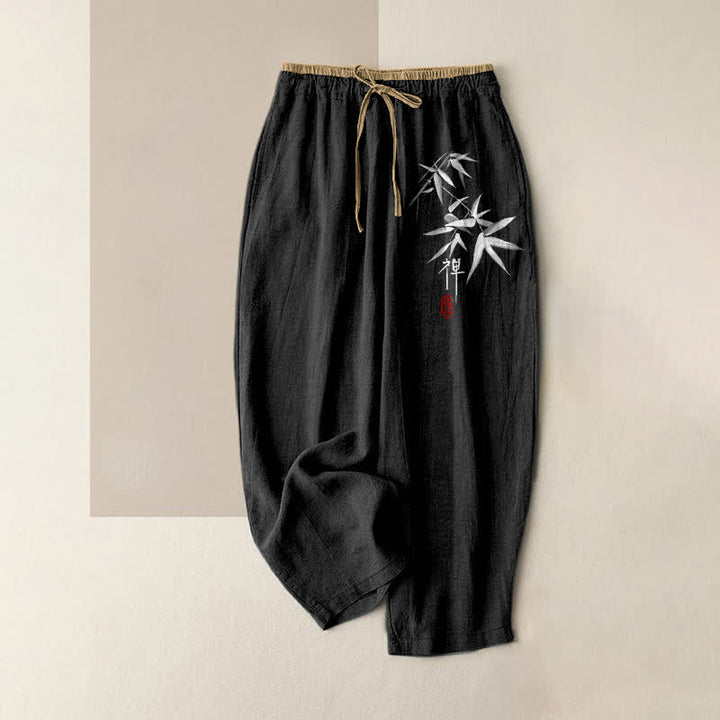 Buddha Stones Damenhose aus reiner Baumwolle mit Zen-Weiß-Bambusmuster, elastischem Bund und Taschen - Schwarz - US16, UK/AU20, EU48 (3XL) - image 5