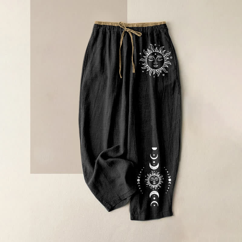 Buddha Stones Damenhose aus reiner Baumwolle mit himmlischem Sonne-, Mond- und Sternenmuster, elastischem Bund und Taschen - Schwarz - US16, UK/AU20, EU48 (3XL) - image 0