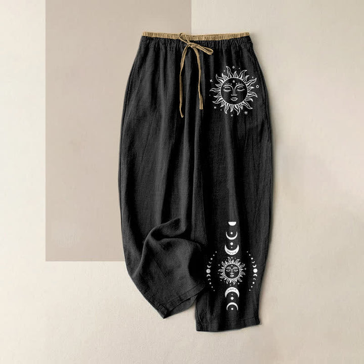 Buddha Stones Damenhose aus reiner Baumwolle mit himmlischem Sonne-, Mond- und Sternenmuster, elastischem Bund und Taschen - Schwarz - US16, UK/AU20, EU48 (3XL) - image 0
