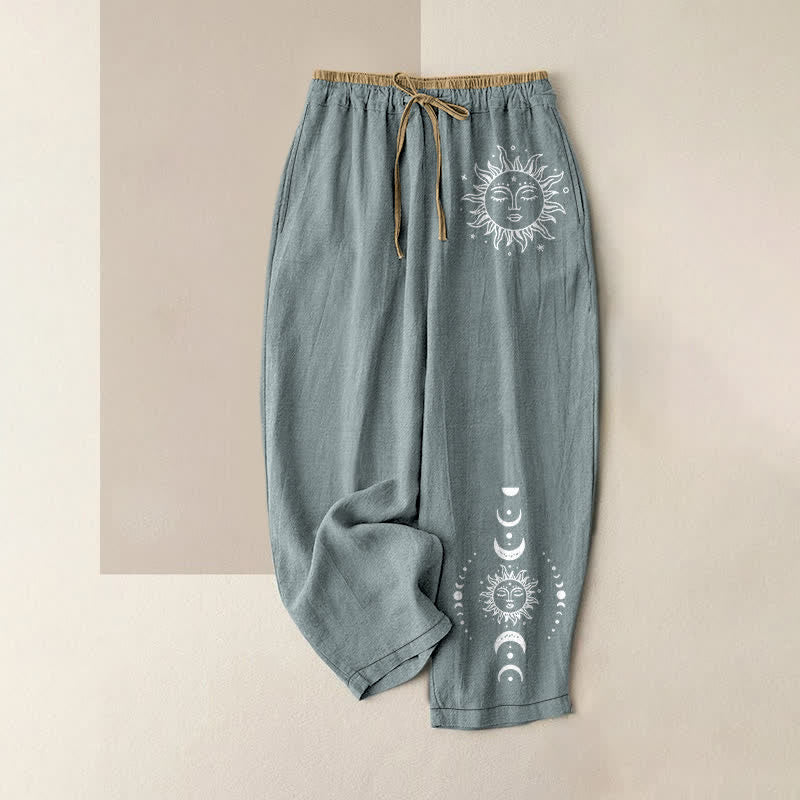 Buddha Stones Damenhose aus reiner Baumwolle mit himmlischem Sonne-, Mond- und Sternenmuster, elastischem Bund und Taschen - Kadettenblau - US16, UK/AU20, EU48 (3XL) - image 5